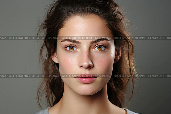 Portrait of a young woman with natural makeup and natural styling. Advertising natural cosmetics. Advertising for a beauty salon. Care cosmetics, face and body skin care. Стоковое AI-изображение, AI-художник Ирина Михайличенко / Фотобанк Лори