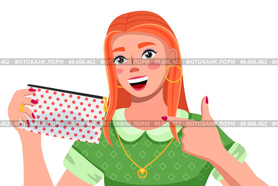 Portrait of a young woman with red long hair wearing green dress. Cute smiling girl holding small dotted bag for cosmetics. Pretty positive female character, student or businesswoman, beauty blogger. Portrait of young woman with red long hair wearing green dress. Cute smiling girl isolated on white. Стоковая иллюстрация, агентство Ingram Publishing / Фотобанк Лори