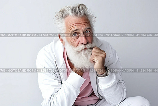 Portrait of an elderly man with a large gray beard and lush hair on his head with a thoughtful look. White background. Generated by AI. Стоковое AI-изображение, AI-художник Ярославский Максим / Фотобанк Лори