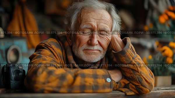 Portrait of an elderly man with closed eyes, dressed in a cozy plaid shirt in warm autumn tones. He sits leaning on his arm with a peaceful and calm expression on his face. The background is blurred, with rustic elements and bright colors, creating an atmosphere of coziness, memories and nostalgia. Ideal for themes of aging, wisdom, time, retro lifestyle, memoirs and spiritual harmony. Стоковое AI-изображение, AI-художник Анна Кривицкая / Фотобанк Лори
