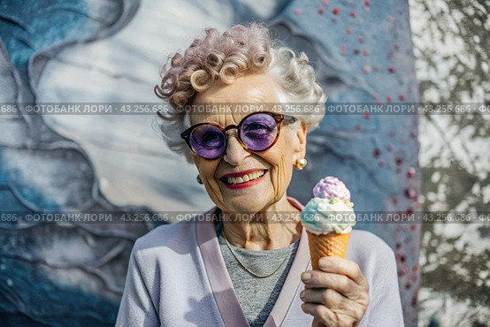 Portrait of an extraordinary, stylish, fashionable elderly woman, a pensioner of 70 years old, with ice cream in her hands on a city street. The concept of happy seniors and delicious desserts. Стоковое AI-изображение, AI-художник Photojuli / Фотобанк Лори