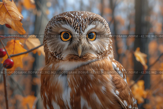 Portrait of an owl on the background of autumn leaves in the forest. Стоковое AI-изображение, AI-художник Евгений Харитонов / Фотобанк Лори