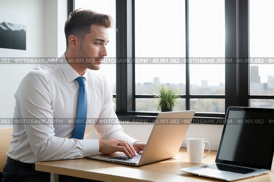 Portrait of businessman sitting in office, successful man worker employee by work desk looking at camera. Portrait of motivated young man working online using laptop. Generative AI. Стоковое AI-изображение, AI-художник Sergey Grishin / Фотобанк Лори