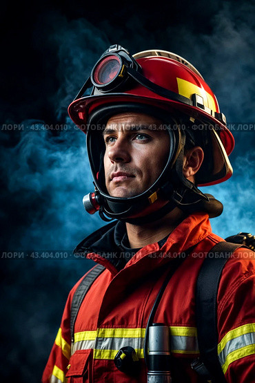 Portrait of concentrated fireman in firefighter uniform and helmet at dark urban background with smoke and blue light, looking away. Global earth fire problematic concept. Gen ai. Copy ad text space. Стоковое AI-изображение, AI-художник Aleksandr Golubev / Фотобанк Лори