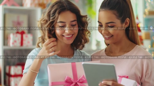 Portrait of girls with gift box and modern gadget. Стоковое AI-видео, аниматор Юрий Поздников / Фотобанк Лори
