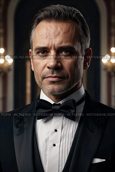 Portrait of handsome middle-aged man in black tuxedo and bow tie at luxury palace, strong looking at camera. Confident stylish businessman in tux. Fashionable festive image concept. Copy ad text space. Стоковое AI-изображение, AI-художник Aleksandr Golubev / Фотобанк Лори