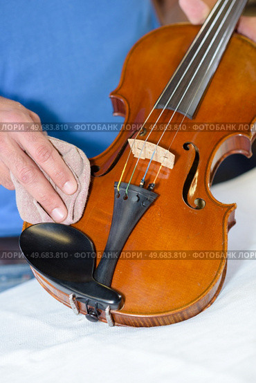 portrait of man polishing the violin. Стоковое фото, агентство Ingram Publishing / Фотобанк Лори