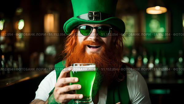 Portrait of red-bearded leprechaun drinking green beer at the pub. Стоковое AI-изображение, AI-художник Дмитрий Нечаев / Фотобанк Лори