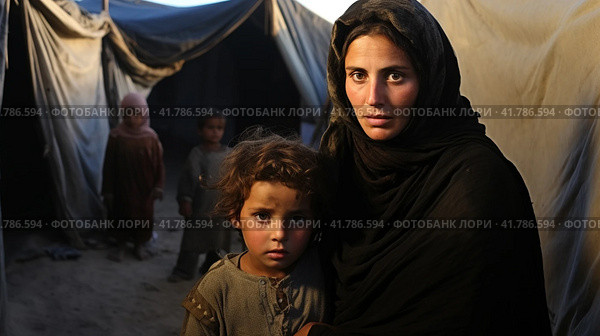 Portrait of Refugees on middle east looking at camera. Homeless people, unhappy and frightened, shawl camps,  Generative AI. Стоковое AI-изображение, AI-художник Анна Кривицкая / Фотобанк Лори
