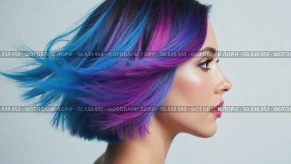 Portrait woman with bright colored flying hair, all shades of purple blue. Hair coloring, beautiful lips and makeup. Hair fluttering in the wind. Sexy girl with short hair. Professional haircut. Стоковое AI-видео, аниматор Sergey Grishin / Фотобанк Лори