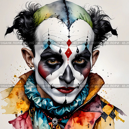 Портрет Арлекина, Джокера, клоуна. Акварель. Portrait of Harlequin, Joker, clown. Watercolor. Стоковое AI-изображение, AI-художник Гер Олег / Фотобанк Лори