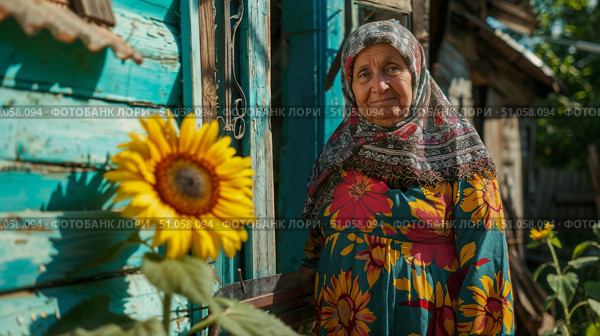 Портрет деревенской бабушки. Portrait of a village grandmother. Стоковое AI-изображение, AI-художник Смирнова Светлана / Фотобанк Лори