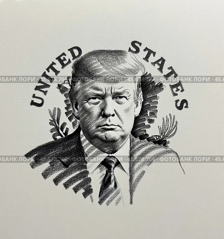 Портрет Дональда Трампа президента Соединенных Штатов Америки. Эскиз. Набросок. Иллюстрация. Portrait of Donald Trump, President of the United States of America. Sketch. Illustration. Редакционное AI-изображение, AI-художник Гер Олег / Фотобанк Лори
