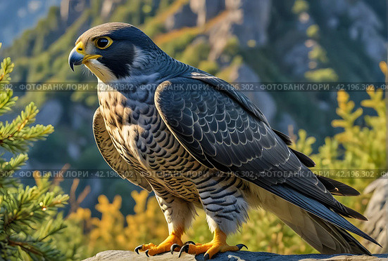 Портрет сапсана (Peregrine falcon) на фоне среды обитания. Portrait of Falco (Peregrine falcon) on the background of the habitat. Стоковое AI-изображение, AI-художник Гер Олег / Фотобанк Лори