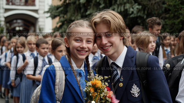 Портрет школьников на торжественной линейке 1 сентября. Portrait of students at the 1st of September ceremony. Стоковое AI-изображение, AI-художник Смирнова Светлана / Фотобанк Лори