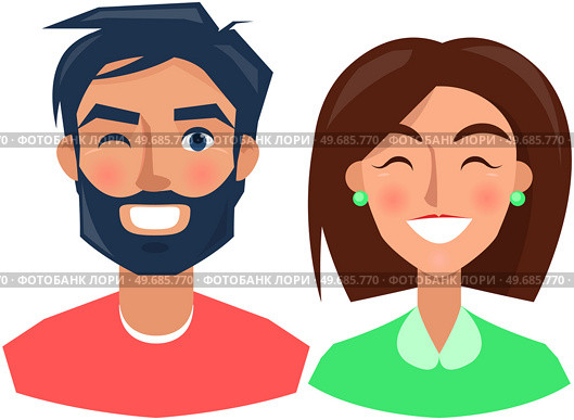 Positive face expression of young man. Girl with emotion of happiness, joy. Cheerful, joyful face of people character. Happy smiling family vector illustration. Expressing human emotion concept. Positive face expression of young family. Cheerful, joyful people with emotion of happiness, joy. Стоковая иллюстрация, агентство Ingram Publishing / Фотобанк Лори