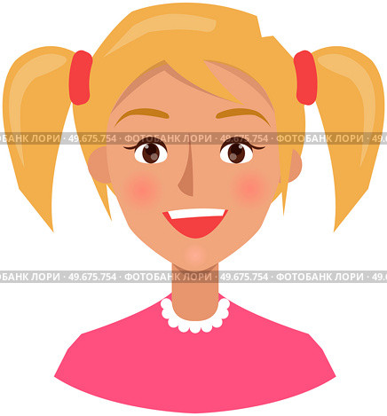 Positive face expression of young woman. Girl with emotion of happiness, joy. Cheerful, joyful face of female character. Happy smiling lady vector illustration. Expressing human emotion concept. Positive face expression of young woman. Cheerful, joyful girl with emotion of happiness, joy. Стоковая иллюстрация, агентство Ingram Publishing / Фотобанк Лори