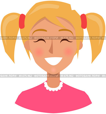 Positive face expression of young woman. Girl with emotion of happiness, joy. Cheerful, joyful face of female character. Happy smiling lady vector illustration. Expressing human emotion concept. Positive face expression of young woman. Cheerful, joyful girl with emotion of happiness, joy. Стоковая иллюстрация, агентство Ingram Publishing / Фотобанк Лори