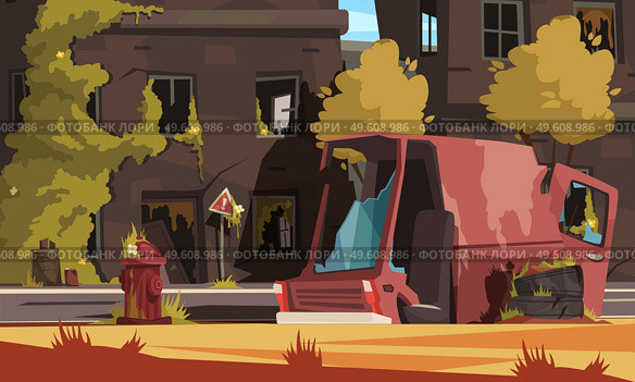 Post apocalypse city cartoon background with empty destroyed living buildings and automobile vector illustration. Post Apocalypse City Illustration. Стоковая иллюстрация, агентство Ingram Publishing / Фотобанк Лори