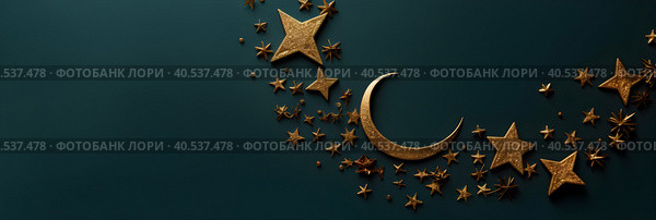 Postcard for the holiday Eid al adha. Month and stars, lanterns on a dark background. With Generative AI technology. Стоковое AI-изображение, AI-художник Мария Фадеева / Фотобанк Лори