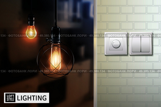 Poster with lamps in loft style on blurred background and switches on white brick wall vector illustration . Loft Style Lamps And Switches Poster. Стоковая иллюстрация, агентство Ingram Publishing / Фотобанк Лори