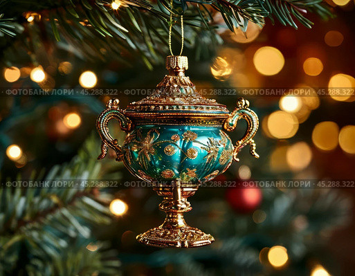 Pot-bellied Tula samovar, bright Christmas tree toy. New Year's decor. Festive New Year's atmosphere. Стоковое AI-изображение, AI-художник Сергей Елизарьев / Фотобанк Лори