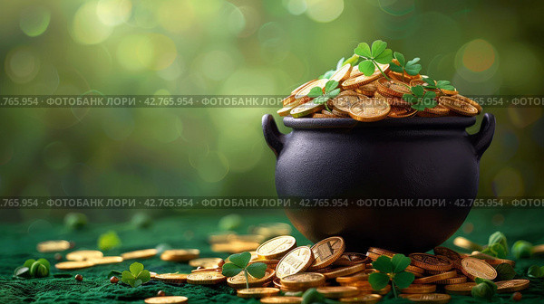 Pot of Gold Coins on Green Table. Стоковое AI-изображение, AI-художник Юлия Гапеенко / Фотобанк Лори