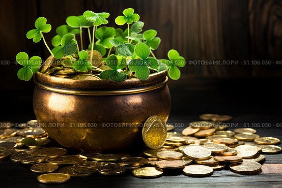 Pot of gold coins overflowing with shamrocks symbolizing financial success. Стоковое AI-изображение, AI-художник Иван Рябоконь / Фотобанк Лори