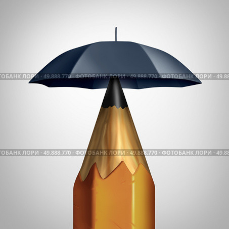 Potential security conceprt or education safety symbol or freedom of speech icon as a pencil with an umbrella protecting the writing instrument representing the guarding of ideas and security plan. Стоковое фото, агентство Ingram Publishing / Фотобанк Лори