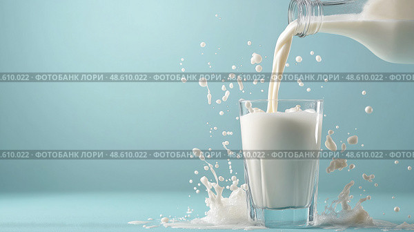 Pouring fresh milk into a clear glass with splashes against a blue background.  свежее молоко льется в прозрачный стакан с брызгами на голубом фоне. Стоковое AI-изображение, AI-художник Katsiaryna Repich / Фотобанк Лори