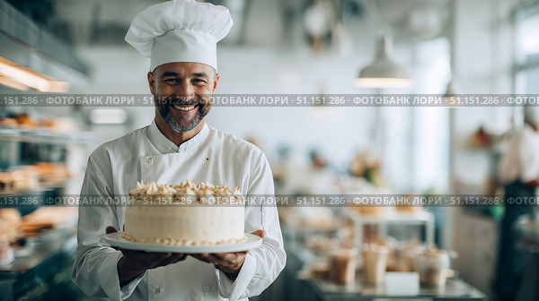 Повар в белом колпаке держит в руках торт. A chef in a white hat holds a cake in his hands. Стоковое AI-изображение, AI-художник Смирнова Светлана / Фотобанк Лори