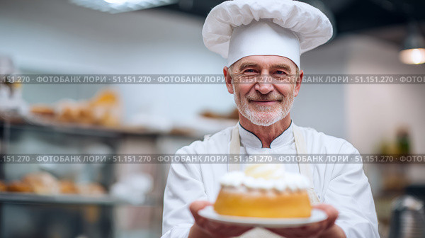 Повар в белом колпаке держит в руках торт. A cook in a white hat is holding a cake. Стоковое AI-изображение, AI-художник Смирнова Светлана / Фотобанк Лори