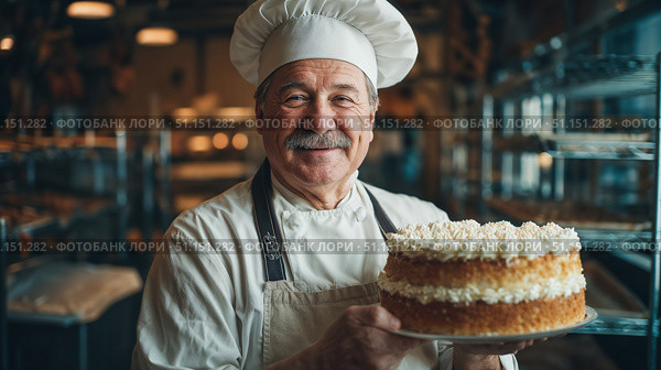 Повар в белом колпаке держит в руках торт с коржами. A cook in a white hat holds a cake with layers in his hands. Стоковое AI-изображение, AI-художник Смирнова Светлана / Фотобанк Лори