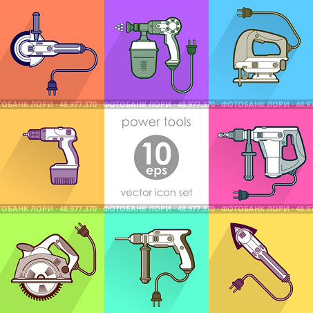 Power tool set. Vector illustration. Builder equipment. Power tool set. Vector illustration. Стоковая иллюстрация, агентство Ingram Publishing / Фотобанк Лори