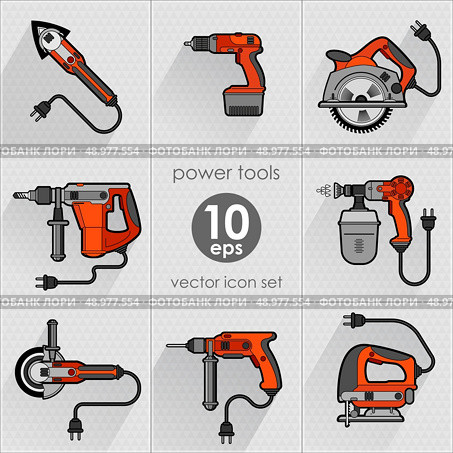 Power tool set. Vector illustration. Builder equipment. Power tool set. Vector illustration. Стоковая иллюстрация, агентство Ingram Publishing / Фотобанк Лори