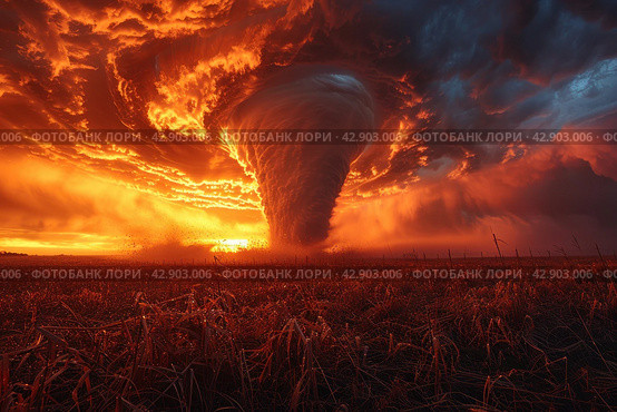 Powerful tornado against the background of the sunset sky. The sky is painted in rich reds and oranges, creating a feeling of incredible power and movement. The sun setting behind the horizon illuminates the clouds and earth with a warm light. Стоковое AI-изображение, AI-художник Анна Кривицкая / Фотобанк Лори