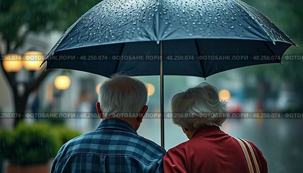 Пожилая пара гуляет в непогоду под зонтом. Стоковое AI-изображение, AI-художник Галина Сячина / Фотобанк Лори