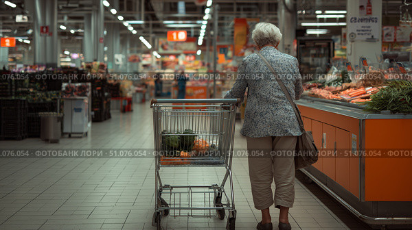 Пожилая женщина идет с тележкой по супермаркету. An elderly woman is walking through a supermarket with a shopping cart. Стоковое AI-изображение, AI-художник Смирнова Светлана / Фотобанк Лори