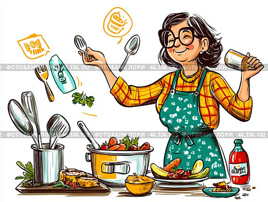 Пожилая женщина с улыбкой готовит вкусное блюдо на кухне с использованием свежих ингредиентов и большого количества вдохновения. Стоковое AI-изображение, AI-художник Сергей Милянчиков / Фотобанк Лори
