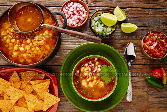 Pozole with mote big corn stew from Mexico with ingredients and appetizer. Стоковое фото, агентство Ingram Publishing / Фотобанк Лори