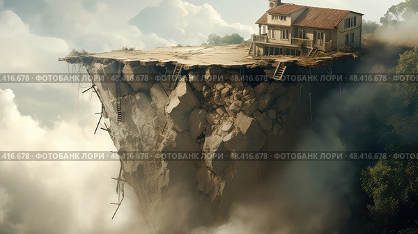 precarious house falling down ai generated. Стоковое AI-изображение, AI-художник Vectorwin / Фотобанк Лори