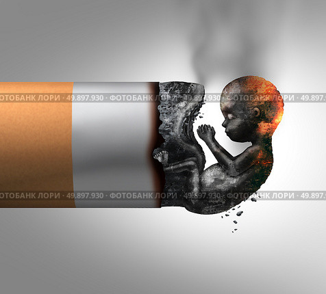 Pregnancy and smoking prenatal maternity health risk as a cigarette with the ashes shaped as a human fetus as a pregnant mother or parent dangerous smoke habit symbol with 3D illustration elements. Стоковое фото, агентство Ingram Publishing / Фотобанк Лори