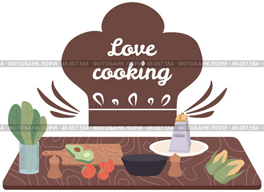 Premium cooking class design elements. Kitchen emblem, food studio label. Culinary school badge. Hand drawn lettering for cooking masterclass. Process of food preparation, ingredients for dish concept. Premium cooking class label. Process of food preparation, ingredients for culinary masterclass. Стоковая иллюстрация, агентство Ingram Publishing / Фотобанк Лори