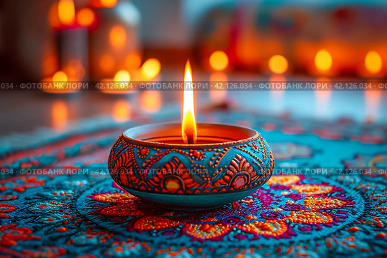 premium shubh diwali greeting card with diya in indian style . Translation: Shubh Diwali means happy diwali festival of light. Стоковое AI-изображение, AI-художник Ирина Михайличенко / Фотобанк Лори