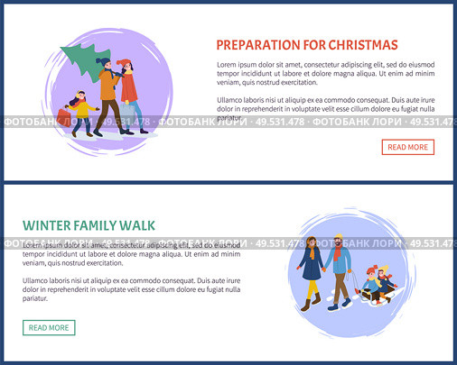 Preparation for Christmas winter holidays set vector. Mother and father, children having fun outdoors, woman with packages, shopping. People on sledge. Preparation for Christmas Winter Holidays Set. Стоковая иллюстрация, агентство Ingram Publishing / Фотобанк Лори