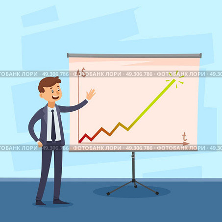 Presentation Of Career Illustration. Presentation of career with businessman near whiteboard with colored graph on textured blue background vector illustration. Стоковая иллюстрация, агентство Ingram Publishing / Фотобанк Лори