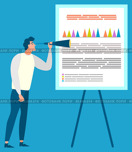 Presentation on whiteboard vector, man with tube discovering details of project. Stats and analysis of information on board. Businessman with tools. Man Examining Stats on Board, Whiteboard Info. Стоковая иллюстрация, агентство Ingram Publishing / Фотобанк Лори