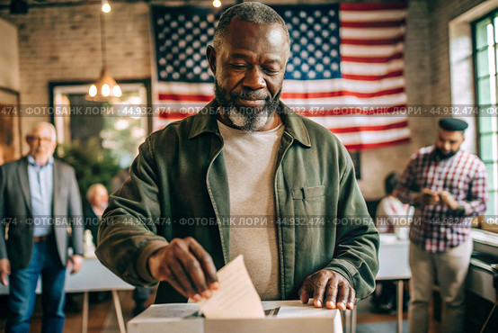 President elections. A black man votes for the new president of the United States of America and puts a form in the ballot box against the background of the American flag. Стоковое AI-изображение, AI-художник Photojuli / Фотобанк Лори