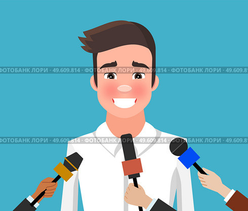 Press conference with a smiling man. Journalist with microphone interviews handsome superstar guy. Young male character in a white shirt while recording audio. Correspondent holds special equipment. Press conference with smiling man. Journalist with microphone interviews handsome superstar guy. Стоковая иллюстрация, агентство Ingram Publishing / Фотобанк Лори