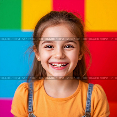 Pretty happy girl with smile on face on colorfull background. Стоковое AI-изображение, AI-художник Ирина Гильмуллина / Фотобанк Лори